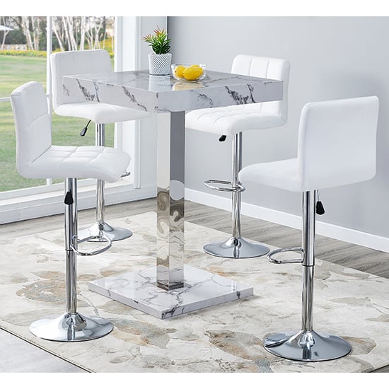 Topaz Diva Marble Effect Gloss Bar Table 4 Coco White Stools_1