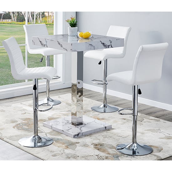 Photo of Topaz diva marble effect gloss bar table 4 ripple white stools