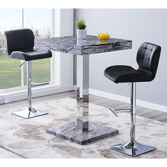 Photo of Topaz melange marble effect bar table 2 candid black stools