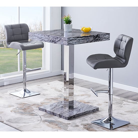 Read more about Topaz melange marble effect bar table 2 candid grey stools