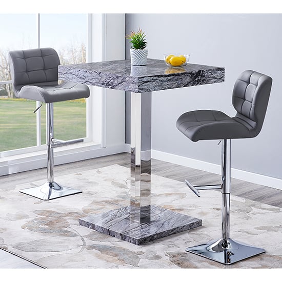 Photo of Topaz melange marble effect bar table 2 candid grey stools