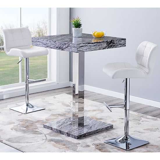 Photo of Topaz melange marble effect bar table 2 candid white stools