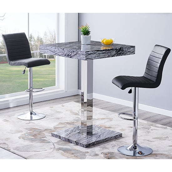 Product photograph of Topaz Melange Marble Effect Bar Table 2 Ripple Black Stools from Furniture in Fashion