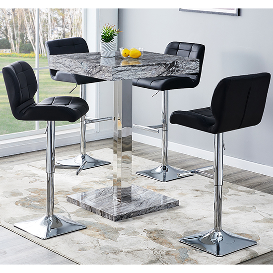 Product photograph of Topaz Melange Marble Effect Bar Table 4 Candid Black Stools from Furniture in Fashion