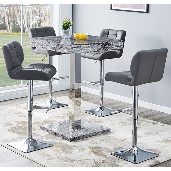 Photo of Topaz melange marble effect bar table 4 candid grey stools