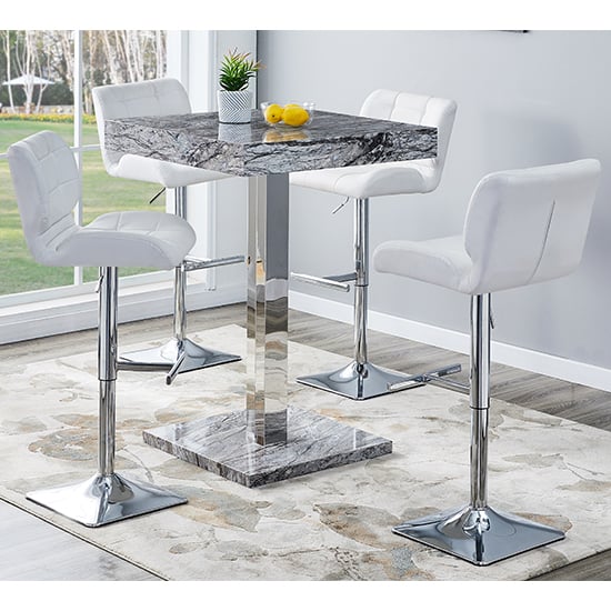 Product photograph of Topaz Melange Marble Effect Bar Table 4 Candid White Stools from Furniture in Fashion