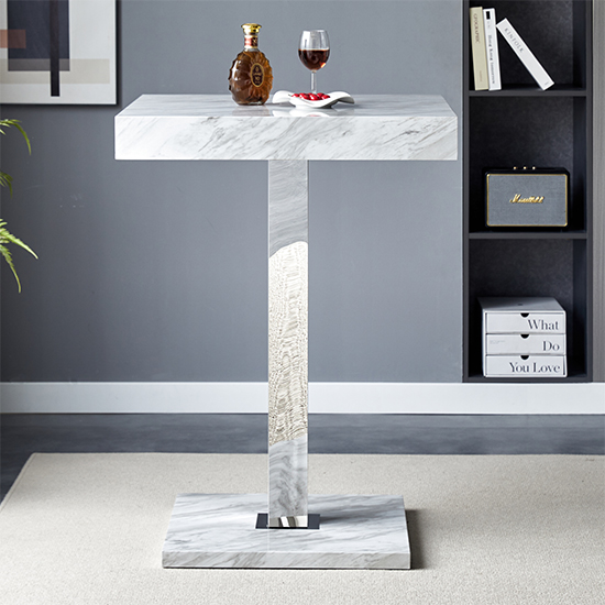 Topaz High Gloss Bar Table Square In Magnesia Marble Effect