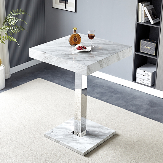 Topaz High Gloss Bar Table Square In Magnesia Marble Effect