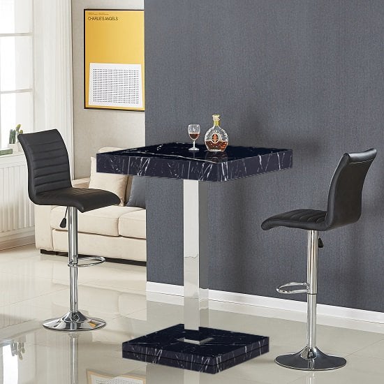 Product photograph of Topaz Milano Marble Effect Bar Table 2 Ripple Black Stools from Furniture in Fashion