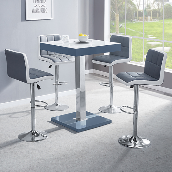 Topaz Glass White Grey Bar Table 4 Copez Grey White Stools