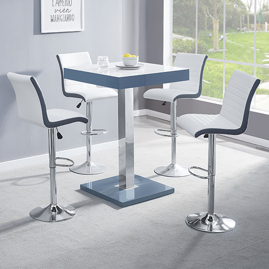 Product photograph of Topaz Glass White Grey Bar Table 4 Ritz White Grey Stools from Furniture in Fashion