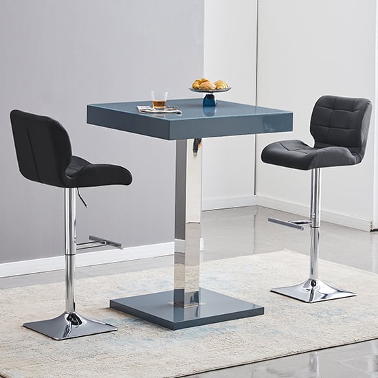 Photo of Topaz glass grey gloss bar table with 2 candid black stools