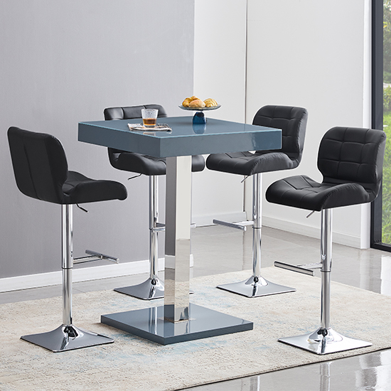 Topaz Grey High Gloss Bar Table With 4 Candid Black Stools
