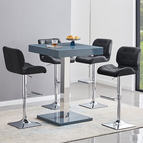 Product photograph of Topaz Glass Grey Gloss Bar Table With 4 Candid Black Stools from Furniture in Fashion