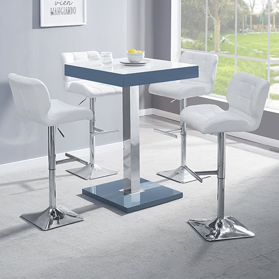 Topaz Glass White Grey Bar Table With 4 Candid White Stools_1