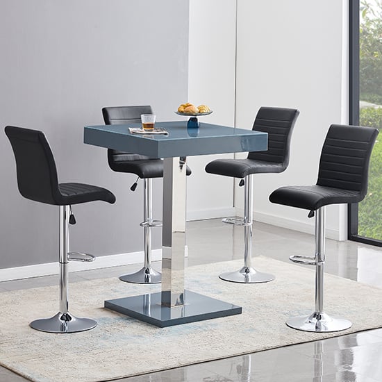 Photo of Topaz glass grey gloss bar table with 4 ripple black stools