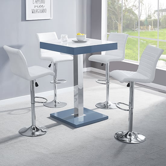 Topaz Glass White Grey Bar Table With 4 Ripple White Stools_1