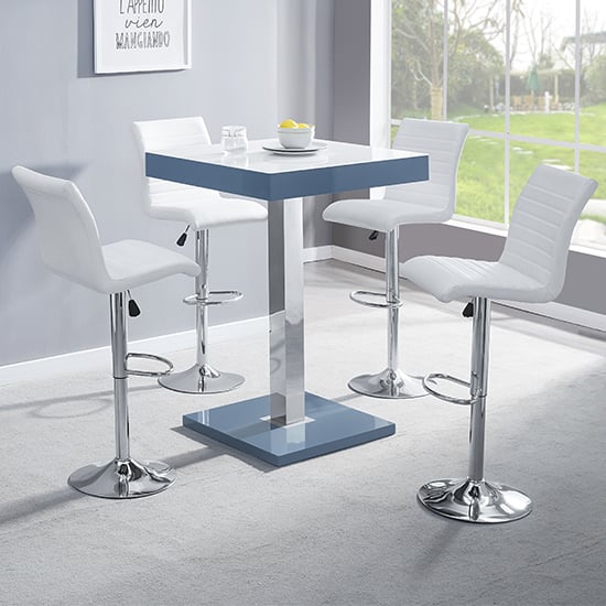 Photo of Topaz glass white grey bar table with 4 ripple white stools