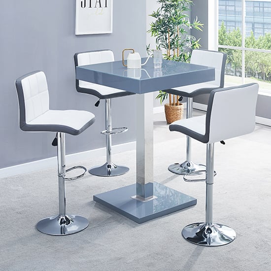 Read more about Topaz glass grey gloss bar table with 4 copez white grey stools