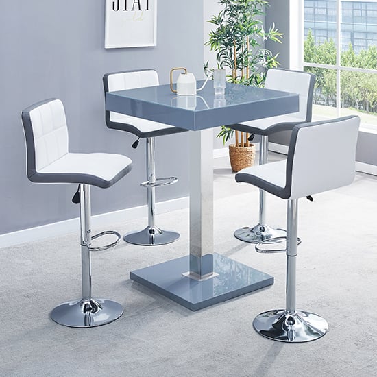 Photo of Topaz glass grey gloss bar table 4 copez white grey stools