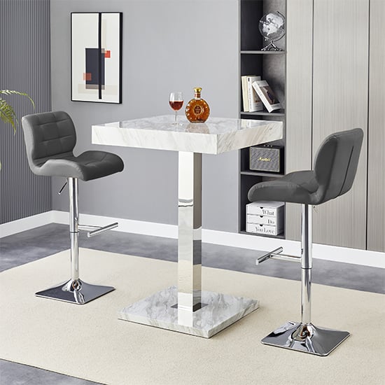 Read more about Topaz magnesia effect high gloss bar table 2 candid grey stools