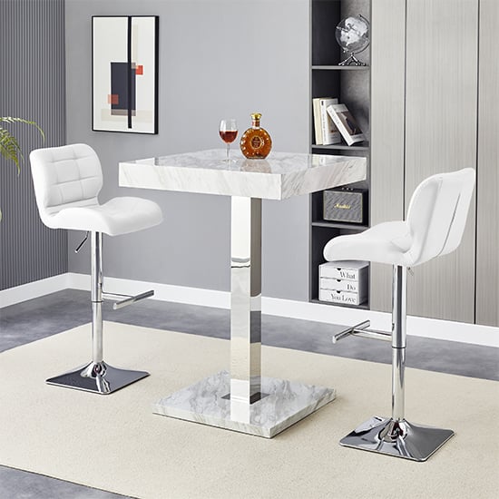 Topaz Magnesia Effect High Gloss Bar Table 2 Candid White Stools