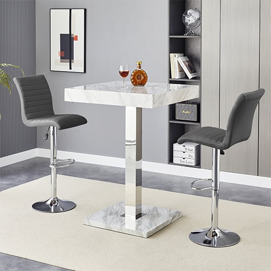 Product photograph of Topaz Magnesia Effect High Gloss Bar Table 2 Ripple Grey Stools from Furniture in Fashion