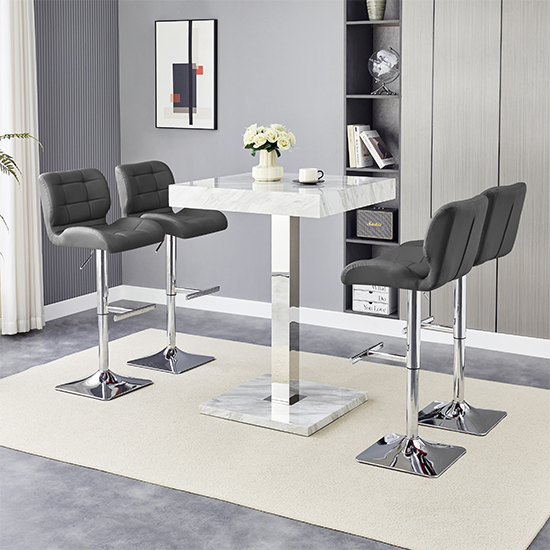 Topaz Magnesia Effect High Gloss Bar Table 4 Candid Grey Stools
