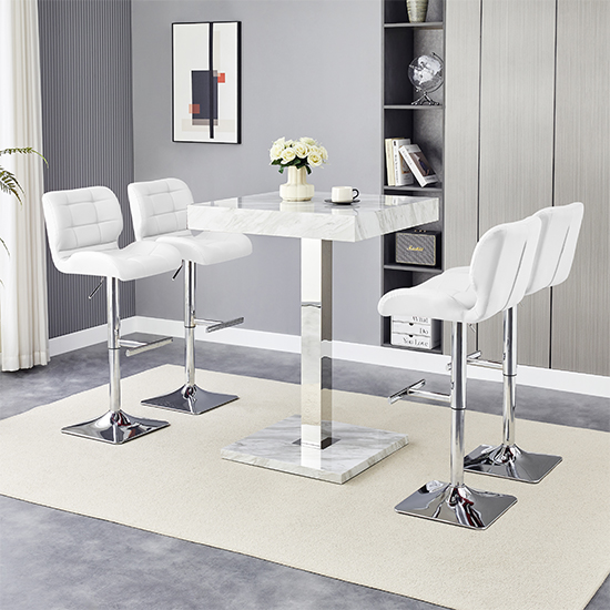 Topaz Magnesia Effect High Gloss Bar Table 4 Candid White Stools