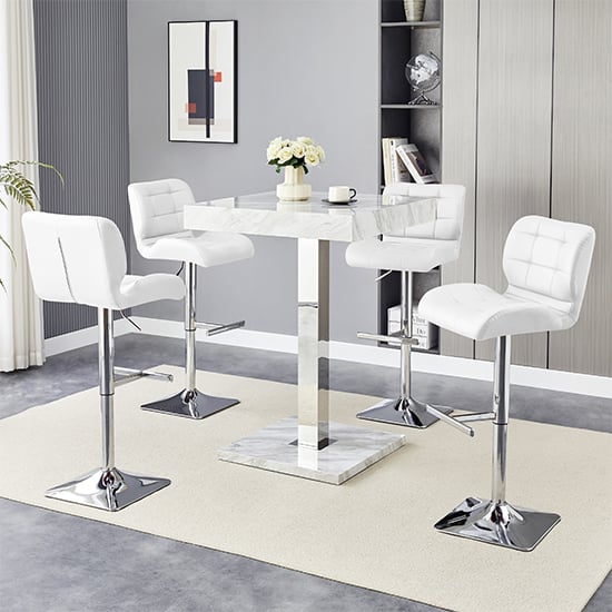 Topaz Magnesia Effect High Gloss Bar Table 4 Candid White Stools