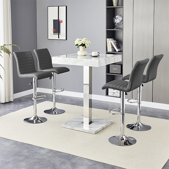 Topaz Magnesia Effect High Gloss Bar Table 4 Ripple Grey Stools