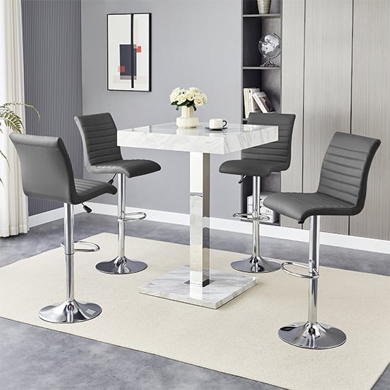 Product photograph of Topaz Magnesia Effect High Gloss Bar Table 4 Ripple Grey Stools from Furniture in Fashion