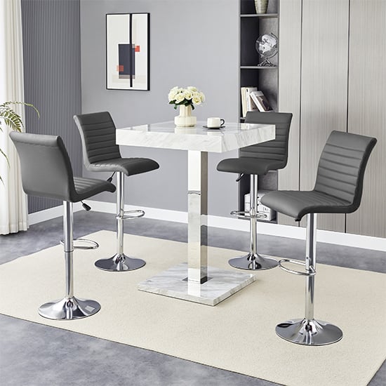 Topaz Magnesia Effect High Gloss Bar Table 4 Ripple Grey Stools