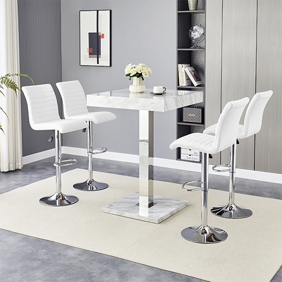 Topaz Magnesia Effect High Gloss Bar Table 4 Ripple White Stools