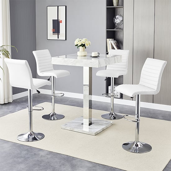 Topaz Magnesia Effect High Gloss Bar Table 4 Ripple White Stools