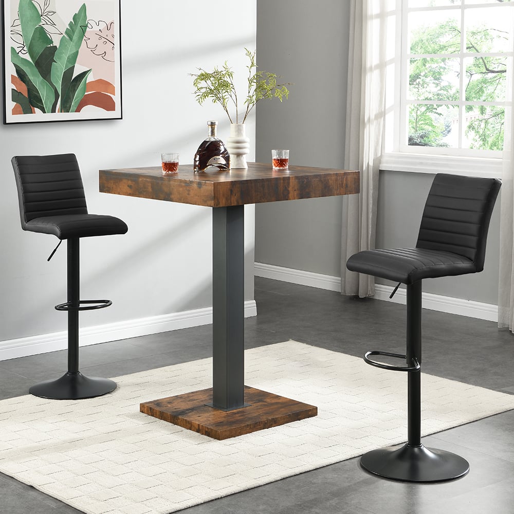 Topaz Rustic Oak Bar Table With Black Base 2 Ripple Black Stools