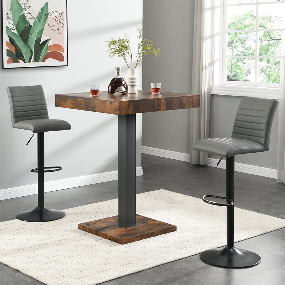 Topaz Rustic Oak Bar Table With Black Base 2 Ripple Grey Stools