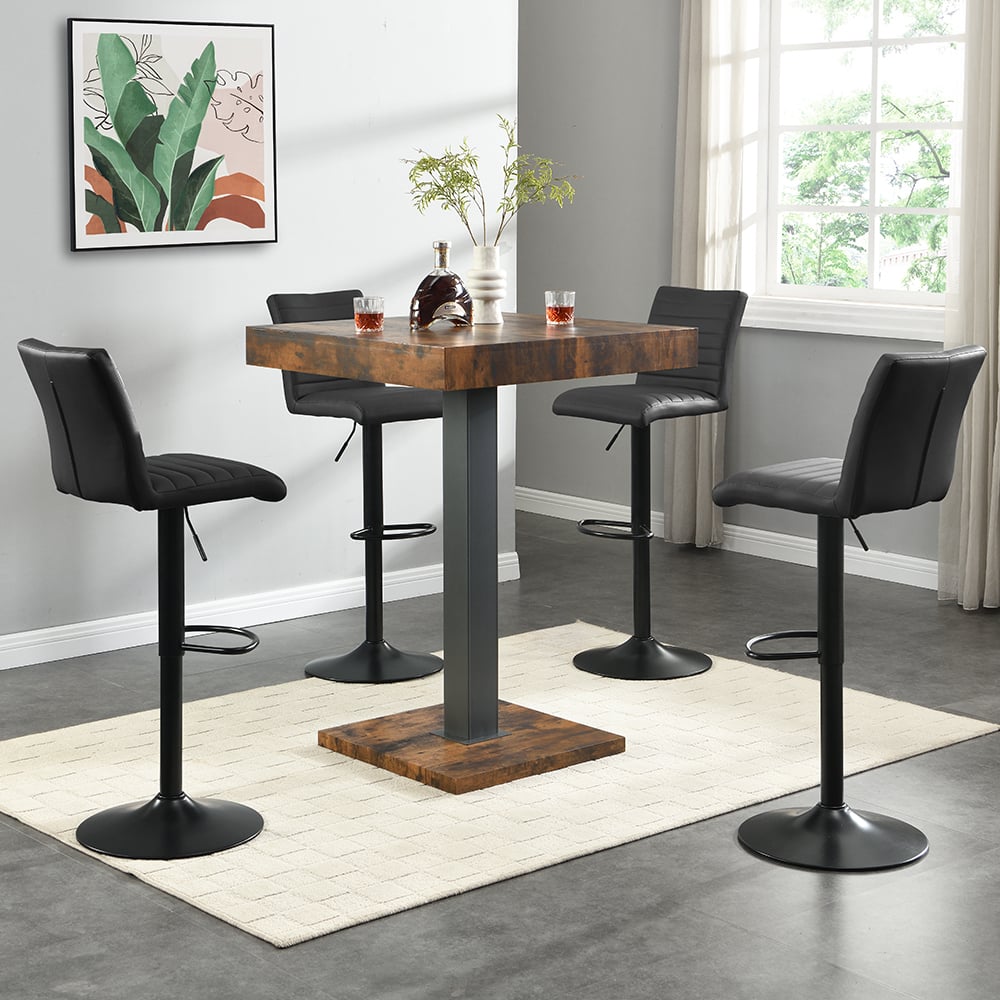 Topaz Rustic Oak Bar Table With Black Base 4 Ripple Black Stools