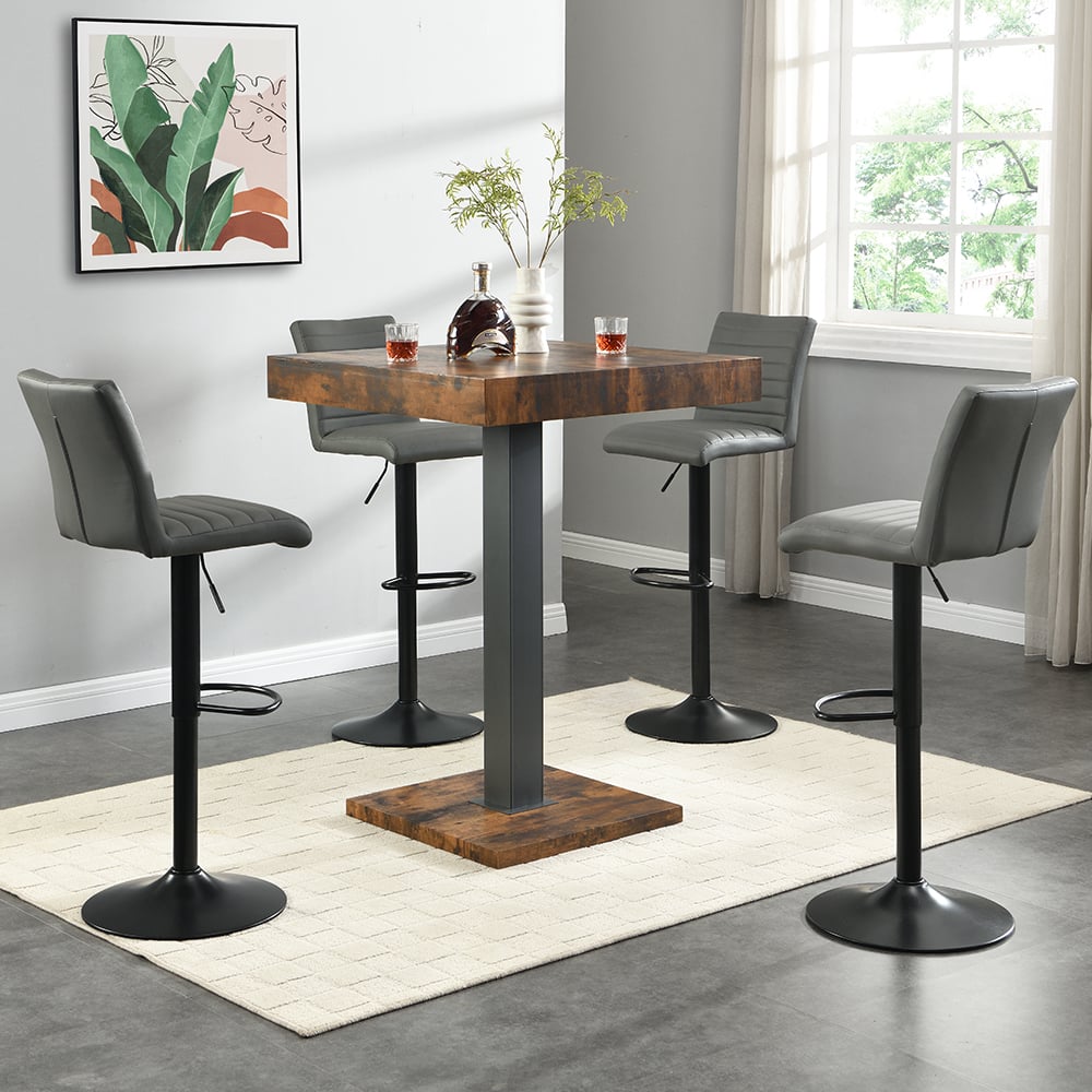 Topaz Rustic Oak Bar Table With Black Base 4 Ripple Grey Stools