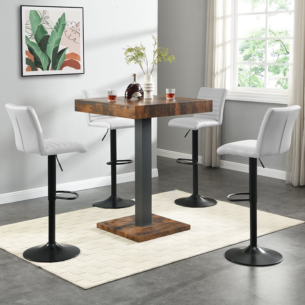 Topaz Rustic Oak Bar Table With Black Base 4 Ripple White Stools