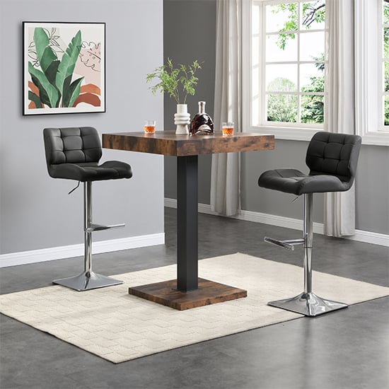 Topaz Rustic Oak Wooden Bar Table With 2 Candid Black Stools