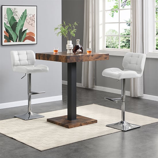 Read more about Topaz rustic oak wooden bar table with 2 candid white stools