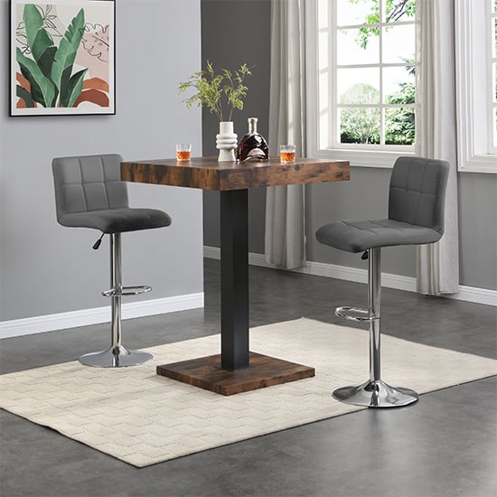 Topaz Rustic Oak Wooden Bar Table With 2 Coco Grey Stools