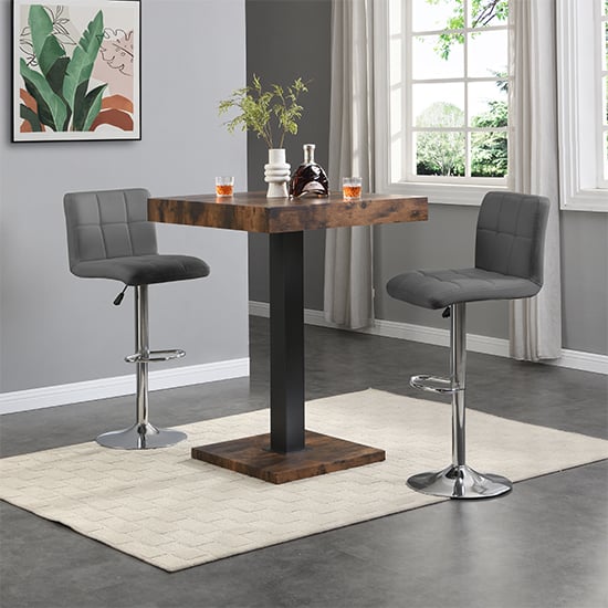 Read more about Topaz rustic oak wooden bar table with 2 coco grey stools