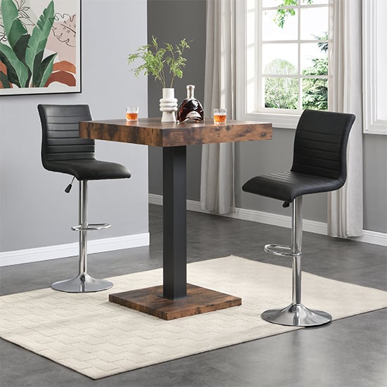 Product photograph of Topaz Rustic Oak Wooden Bar Table With 2 Ripple Black Stools from Furniture in Fashion