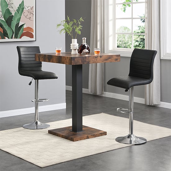 Read more about Topaz rustic oak wooden bar table with 2 ripple black stools