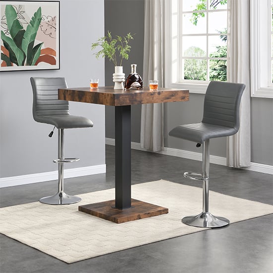 Read more about Topaz rustic oak wooden bar table with 2 ripple grey stools