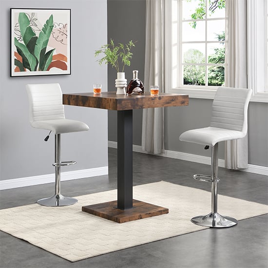 Read more about Topaz rustic oak wooden bar table with 2 ripple white stools