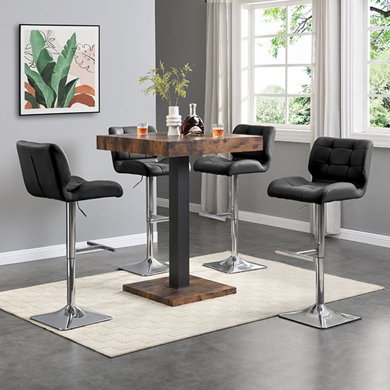 Product photograph of Topaz Rustic Oak Wooden Bar Table With 4 Candid Black Stools from Furniture in Fashion