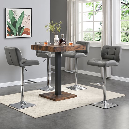 Read more about Topaz rustic oak wooden bar table with 4 candid grey stools
